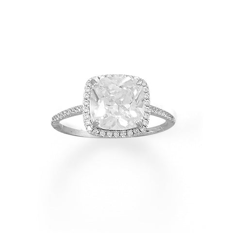 Rhodium Plated Square CZ Ring with CZ Edge