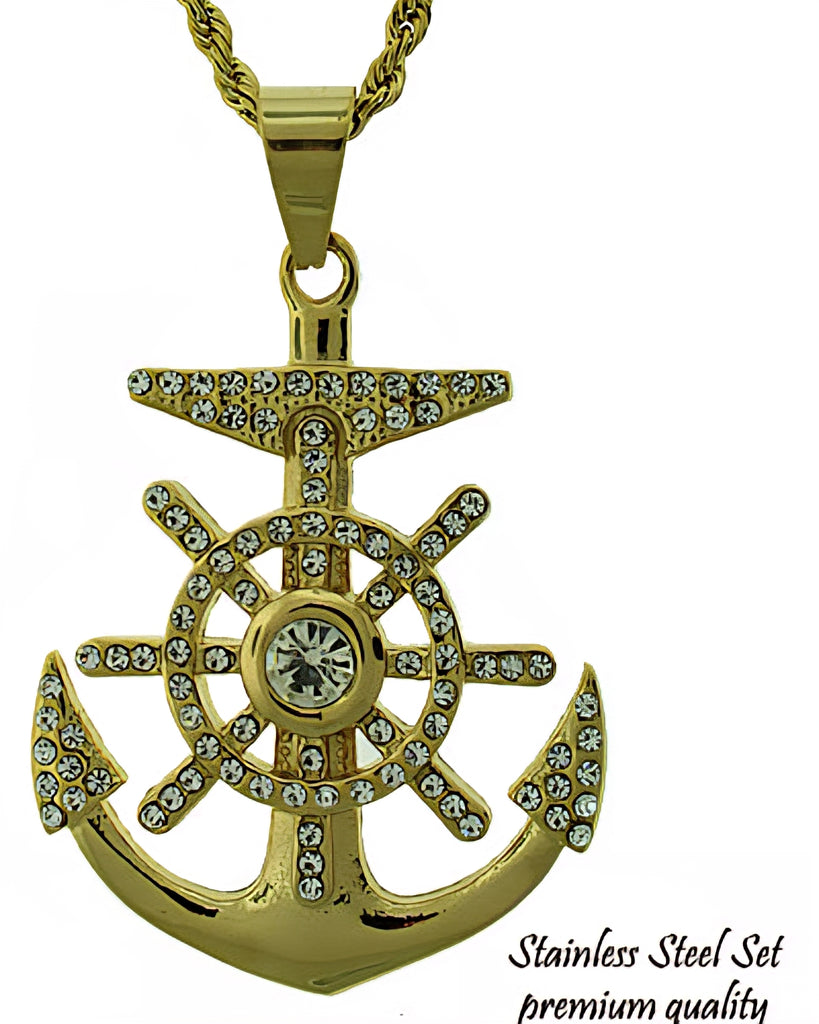 Stainless Steel Gold Tone with CZ stones Anchor & Wheel Set - Matador Diamond