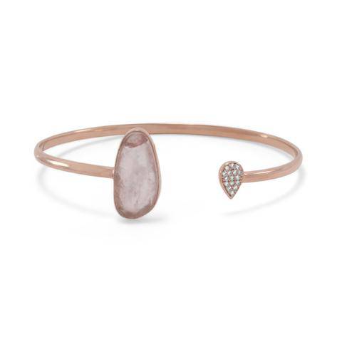 Sterling Silver  Gold Plated Rose Quartz and CZ Open Cuff Bracelet - Matador Diamond