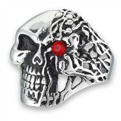 Stainless Steel Skull Ring with Red CZ Eye - Matador Diamond