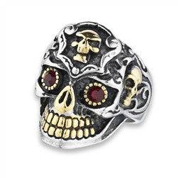 Stainless Steel Skull Ring with Red CZ and Gold IP - Matador Diamond