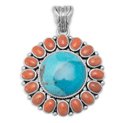 Sterling Silver Turquoise and Coral Sunburst Pendant - Matador Diamond