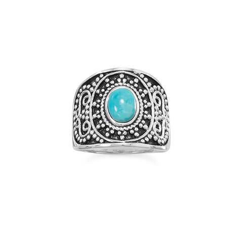 Sterling Silver Beaded Design Turquoise Ring - Matador Diamond