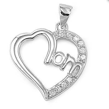 Sterling Silver MOM Heart Pendant Necklace with CZ - Matador Diamond
