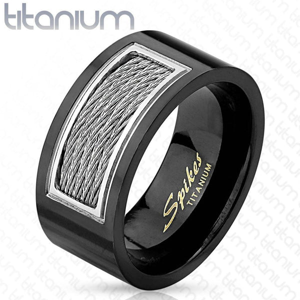 Titanium Wired Cables Inlayed Black IP Ring - Matador Diamond
