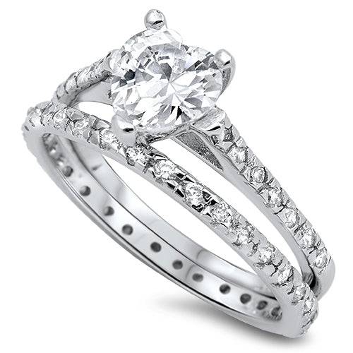 Sterling Silver Wedding Ring Set W/Heart Center Clear CZ - Matador Diamond