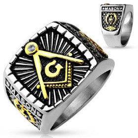 Stainless Steel Gold IP 2-Tone Masonic Ring - Matador Diamond