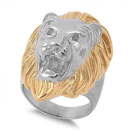 Stainless Steel Lion Head Ring with Gold Plating - Matador Diamond