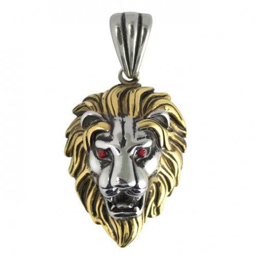 Stainless Steel Two Tone Lion with Red CZ Eyes Pendant Necklace - Matador Diamond